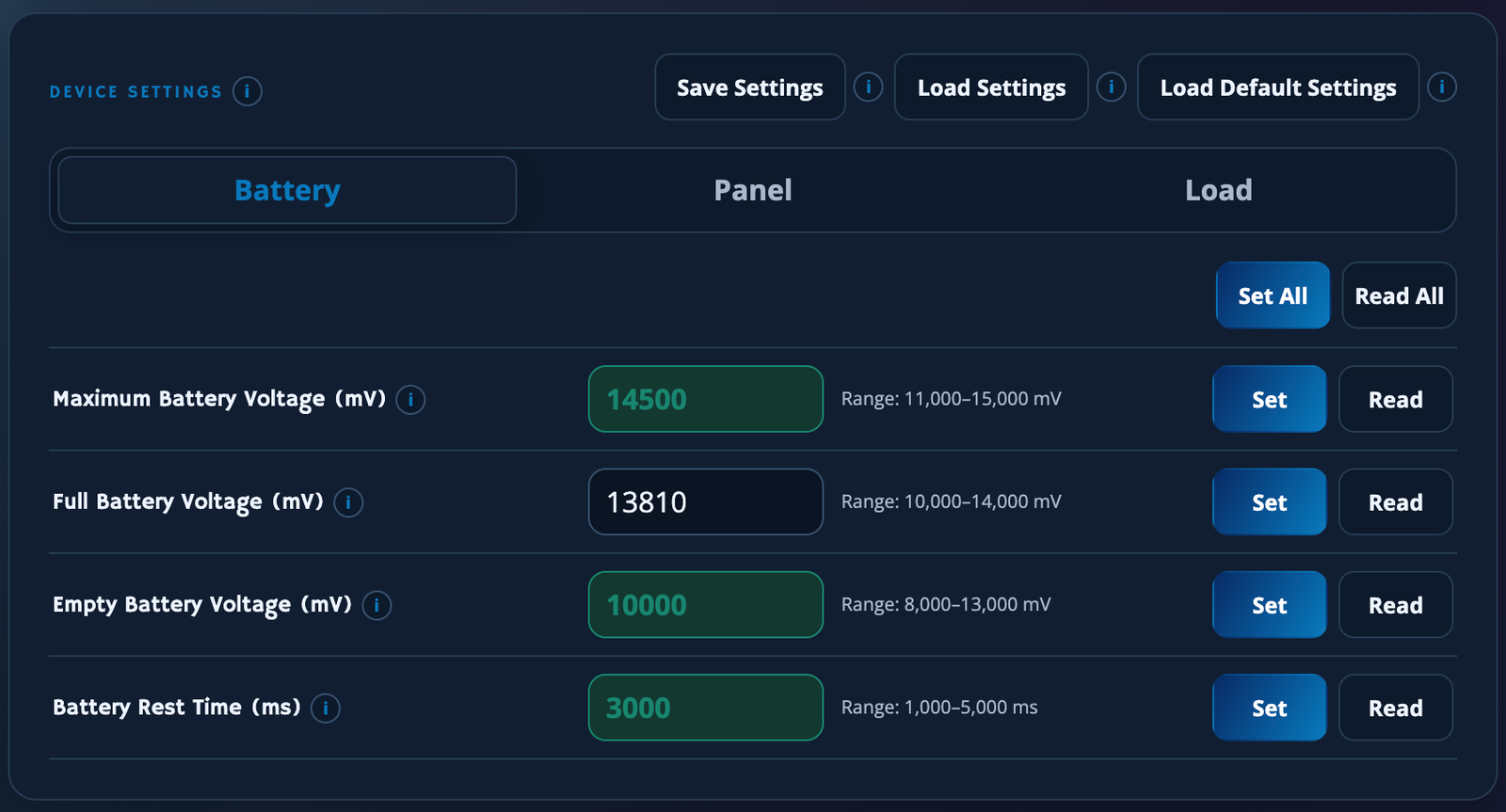 Battery settings showing verified green fields and an edited Full Battery Voltage field containing 13,810 mV